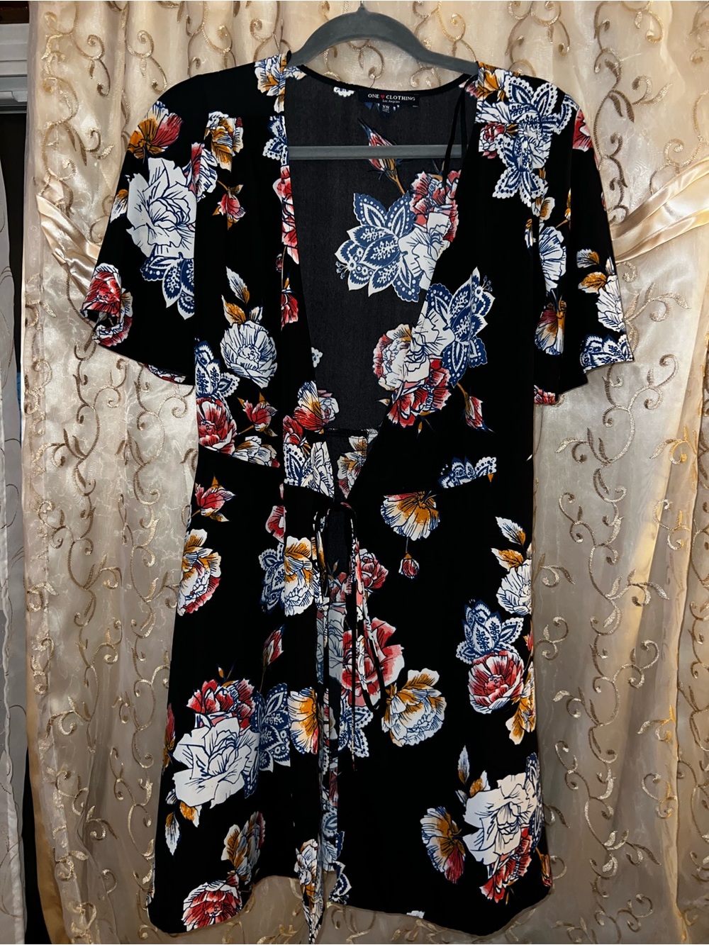 one clothing Black Floral Wrap Coverup with Bold Blooms